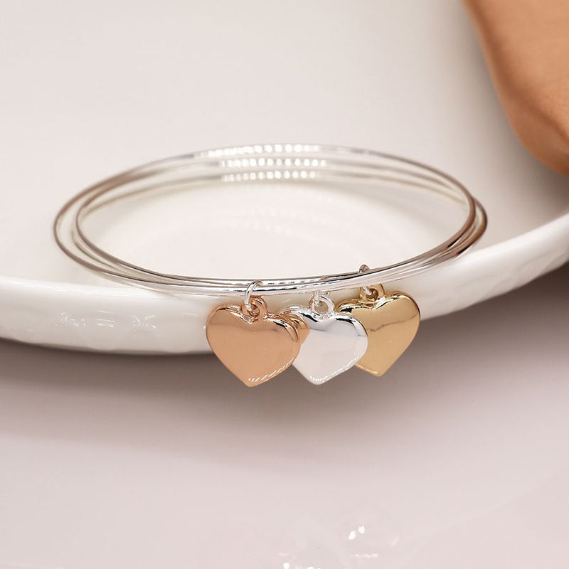 Triawd o Freichledi Cylchyn | Triple Bangle Set with Large Mixed Metalic Hearts