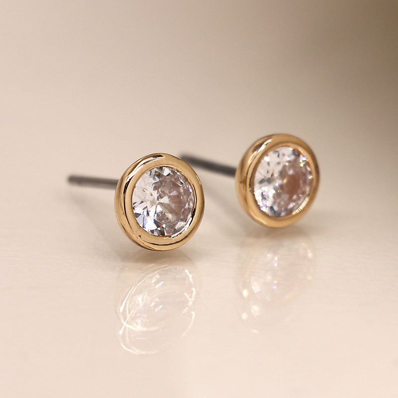 Clustdlyasu Crisial Syml Lliw Aur | Gold Simple Cubic Zirconia Crystal Earrings