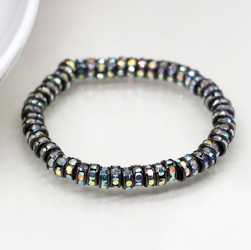 Breichled Ddu a Chrisial | Metallic Black and Crystal Bead Stretch Bracelet