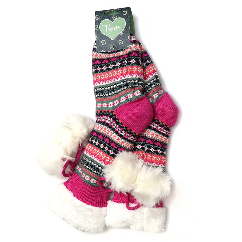 Sanau Sliperi Nordig - Pinc | Fair Isle Sherpa Slipper Socks - Bright Pink