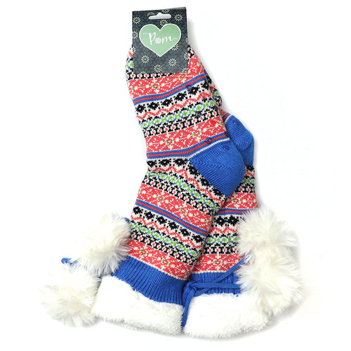 Sanau Sliperi Nordig - Glas | Fair Isle Sherpa Slipper Socks - Bright Blue