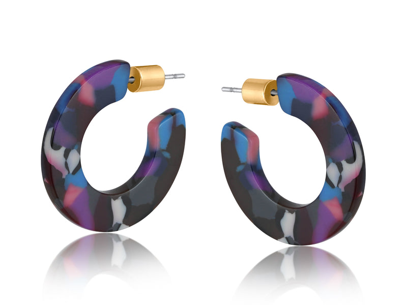 Clustdlysau Resin | Flat Resin Hoop Earrings - Black Purple Blue