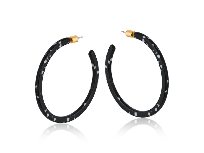 Clustdlysau Resin | Large Thin Resin Hoop Earrings - Black White