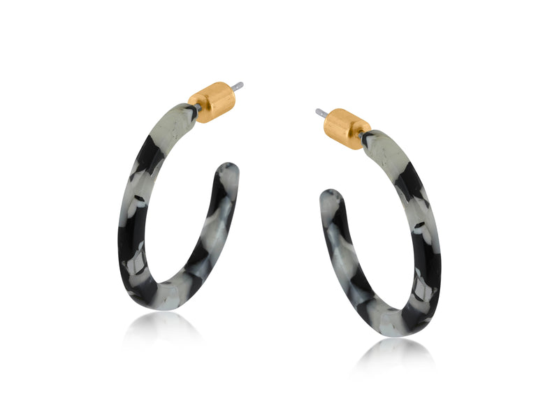 Clustdlysau Resin | Small Thin Resin Hoop Earrings - Black Grey White