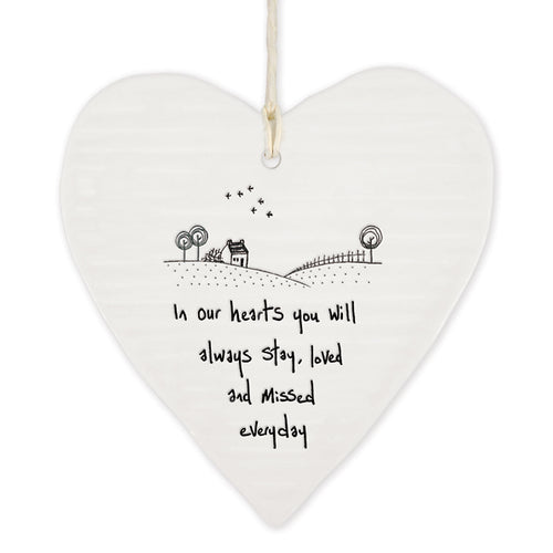 Calon Borslen | East of India Porcelain Hanging Heart – In Our Hearts You Will Always Stay