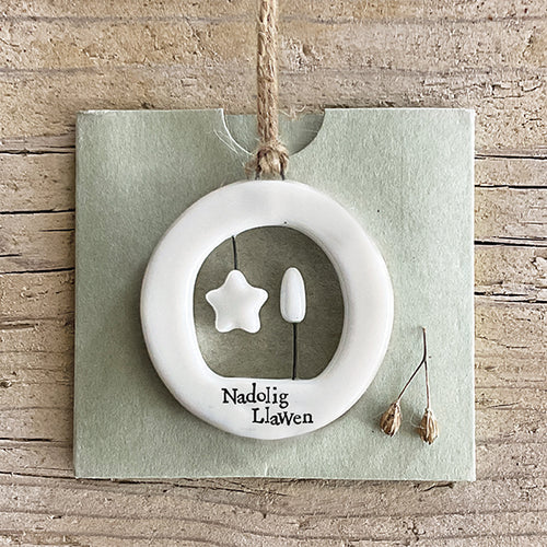 Addurn Porslen - Nadolig Llawen | East of India Porcelain Cut Out Hanger - Nadolig Llawen