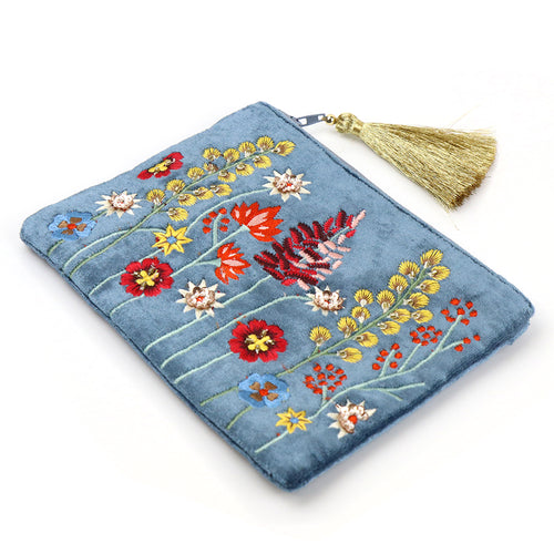 Pwrs Melfed Brodwaith  - Blodau | Velvet Embroidered Purse - Flower Meadow