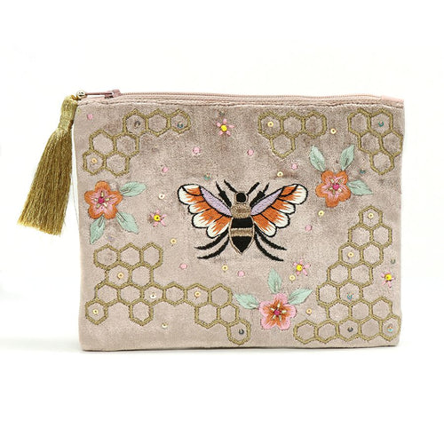 Pwrs Melfed Brodwaith  - Gwenyn | Velvet Embroidered Purse - Bee & Honeycomb