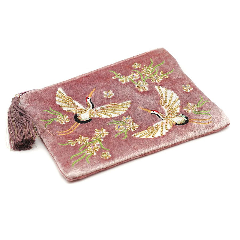 Pwrs Melfed Brodwaith  - Garanod | Velvet Embroidered Purse - Cranes