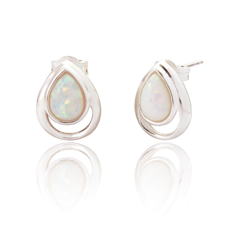 Clustdlysau Styd Arian | Sterling Silver and White Opal Stud Earrings - Xanna