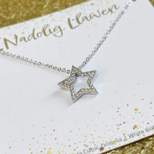 Cadwyn Seren ar Gerdyn Nadolig Llawen | Carded Star Necklace - Merry Christmas