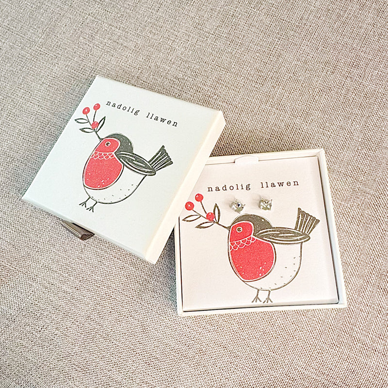 Clustdlysau Hyfryd - Robin Goch y Nadolig | Silver Plated Boxed Earrings  - Welsh Christmas Robin