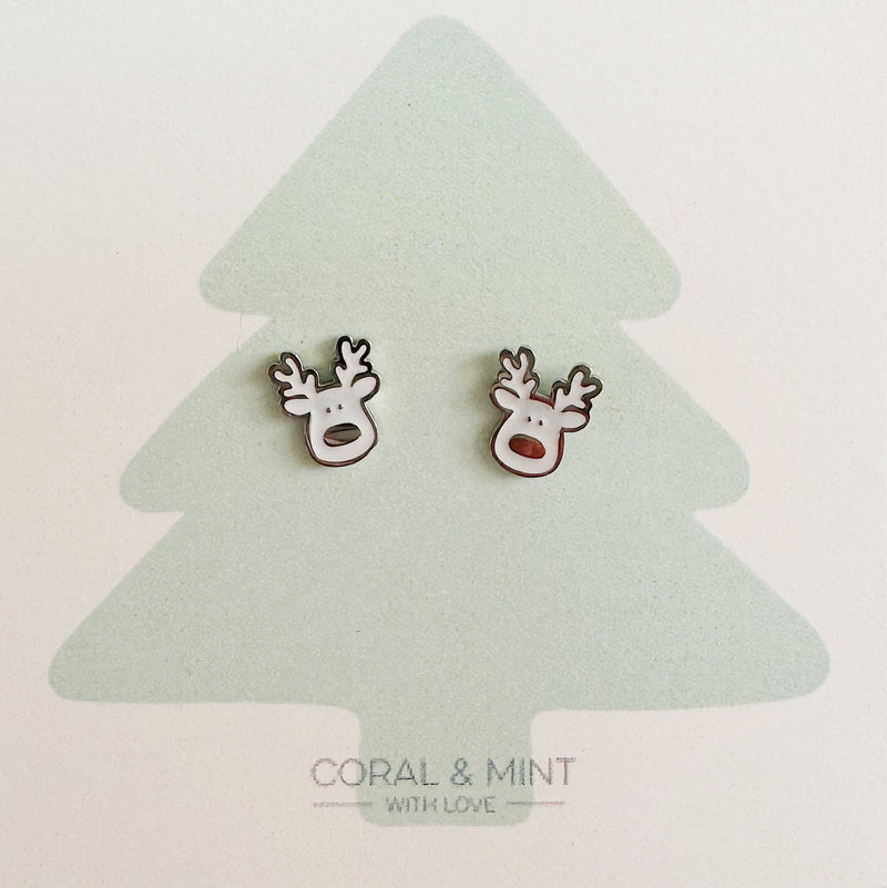 Clustdlysau Styd Nadolig - Ceirw Gwyn | Christmas Stud Earrings - White Reindeer