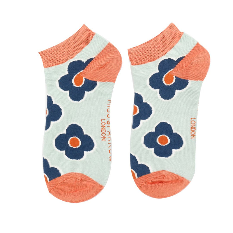 Sanau Treinyrs - Blodau Retro | Miss Sparrow Trainer Socks - Retro Flowers Duck Egg