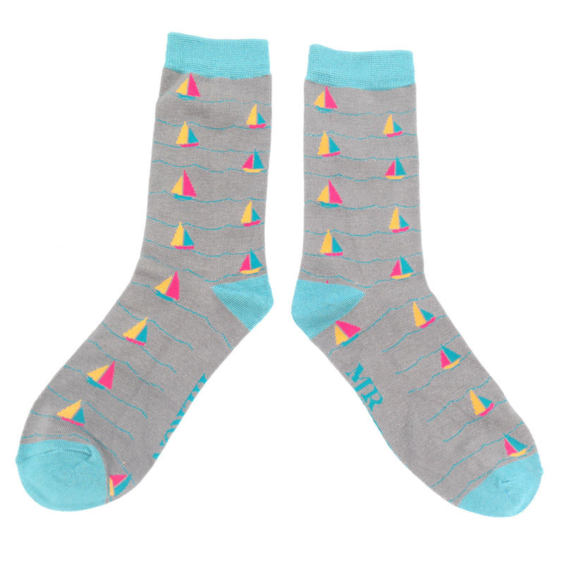 Sanau Dynion - Cychod Hwylio | Mr Heron Mens Socks - Sailing Boats Grey