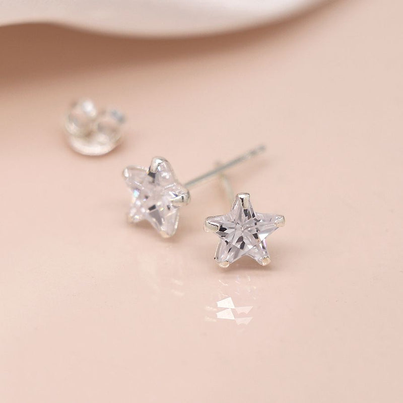 Clustdlysau Styd Arian | Sterling Silver Stud Earrings - Crystal Star