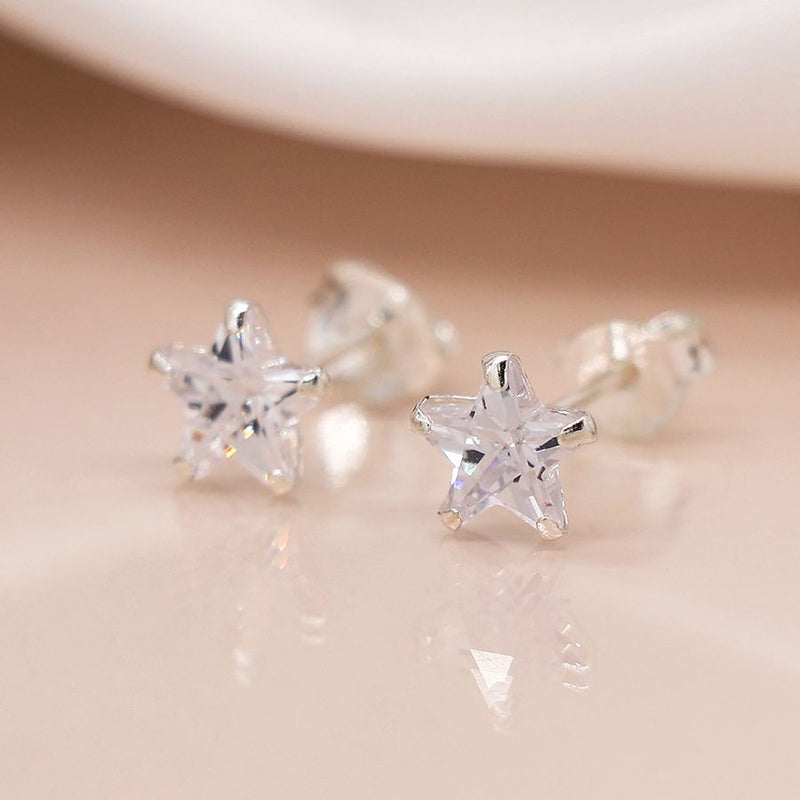 Clustdlysau Styd Arian | Sterling Silver Stud Earrings - Crystal Star