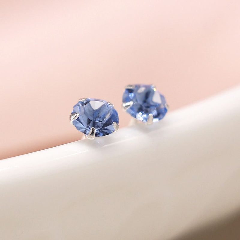 Clustdlysau Styd Arian | Sterling Silver Stud Earrings - Tiny Blue Crystal