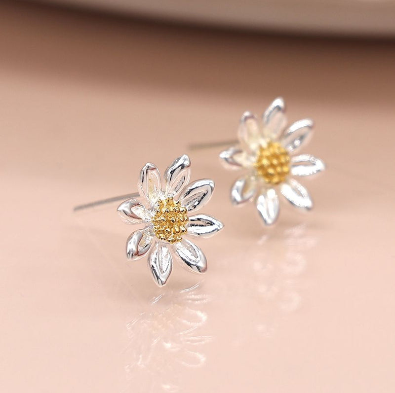 Clustdlysau Styd Arian | Sterling Silver Stud Earrings - Daisy With Gold