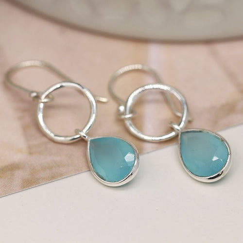 Clustdlysau Arian | Sterling Silver Drop Earrings - Aqua Chalcedony Teardrop