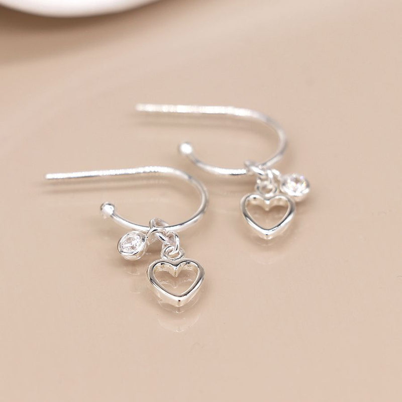 Clustdlysau Arian | Sterling Silver Earrings - Heart & Crystal Charm