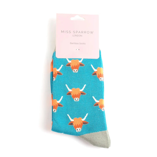 Sanau - Gwartheg | Miss Sparrow Socks - Highland Cows Teal