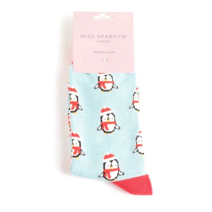 Sanau - Pengwiniaud Ciwt | Miss Sparrow Socks - Cute Penguins Powder Blue