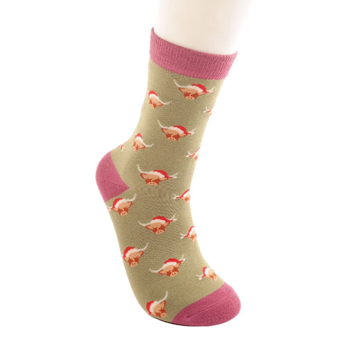 Sanau - Gwartheg Nadolig | Miss Sparrow Socks - Christmas Highland Cow Olive