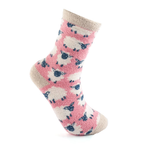 Sanau Gaeaf - Defaid Hapus | Miss Sparrow Socks - Fluffy Happy Sheep Pink