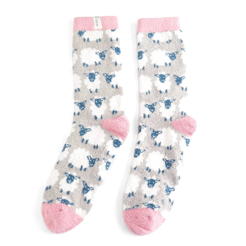 Sanau Gaeaf - Defaid Hapus | Miss Sparrow Socks - Fluffy Happy Sheep Grey