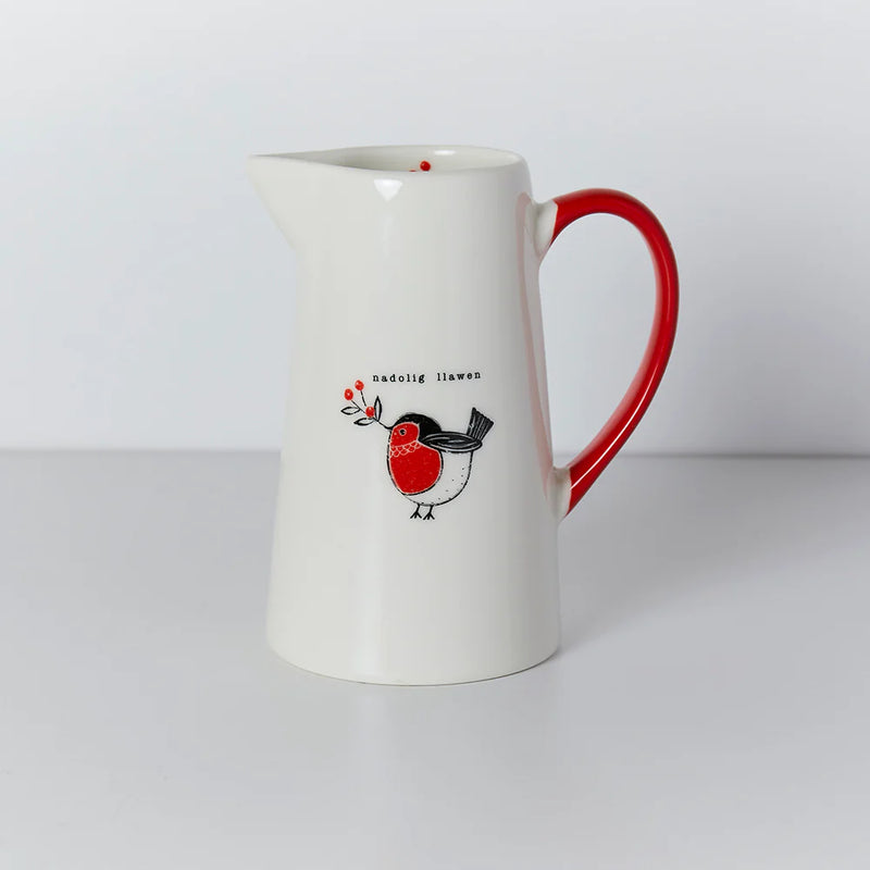 Jwg Flodau Fach - Robin Goch y Nadolig | Small Flower Jug - Welsh Christmas Robin