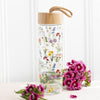 Potel Ddwr Wydr a Bambw - Blodau Gwyllt | Glass & Bamboo Water Bottle - Wildflower