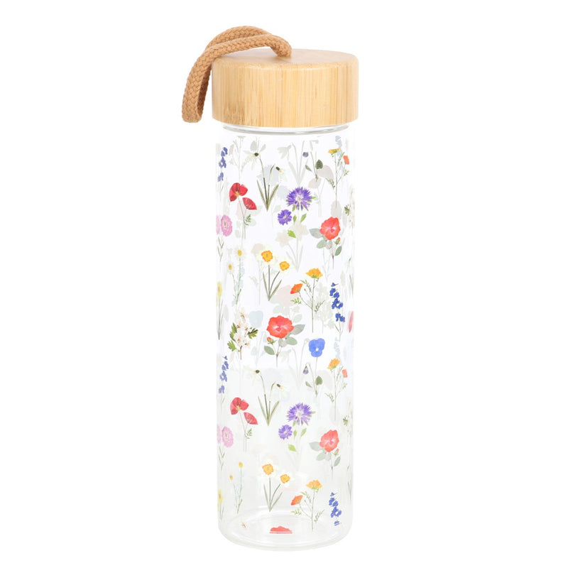 Potel Ddwr Wydr a Bambw - Blodau Gwyllt | Glass & Bamboo Water Bottle - Wildflower