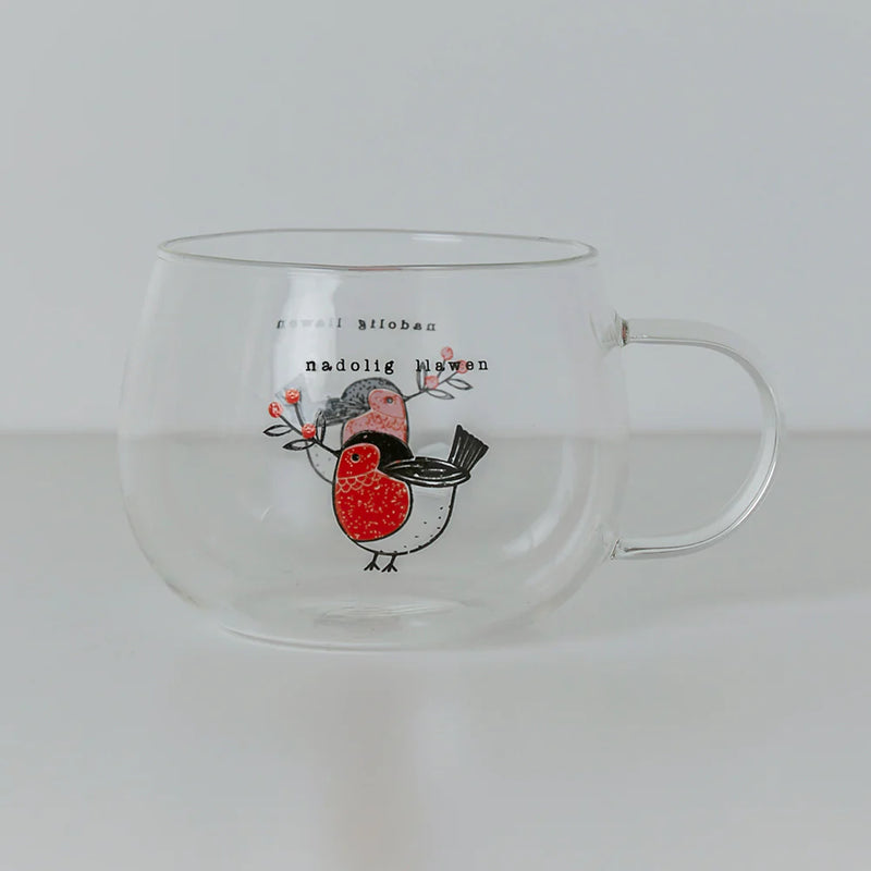 Mwg Gwydr - Robin Goch y Nadolig | Glass Mug - Welsh Christmas Robin