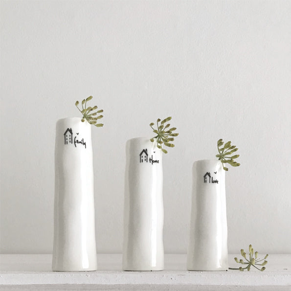 Triawd o Fasys Blagur Porslen | East of India Trio of Bud Vases - Home, Family, Love.