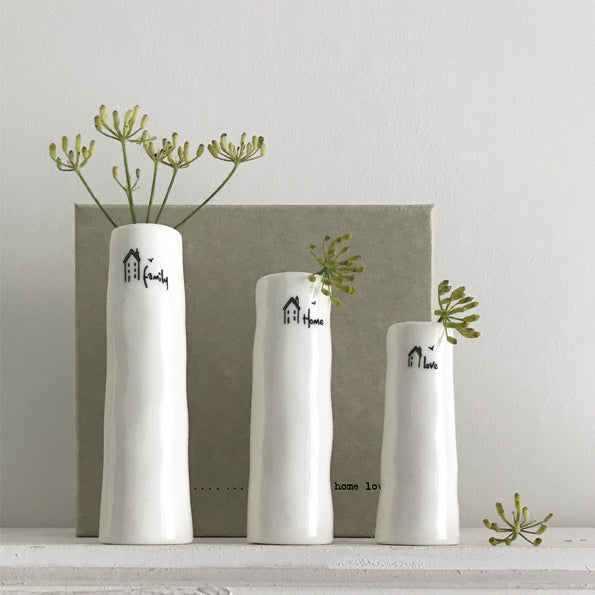 Triawd o Fasys Blagur Porslen | East of India Trio of Bud Vases - Home, Family, Love.