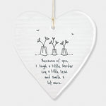 Calon Borslen | East of India Porcelain Hanging Heart – Because of You