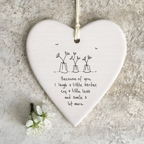 Calon Borslen | East of India Porcelain Hanging Heart – Because of You