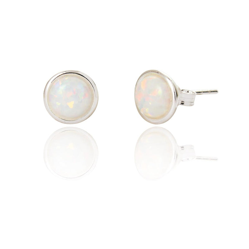 Clustdlysau Styd Arian | Sterling Silver and White Opal Stud Earings -  Jemima Medium