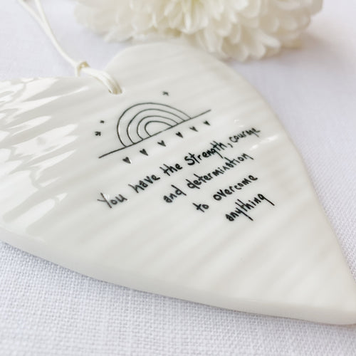 Calon Borslen | East of India Porcelain Hanging Heart – Strength, Courage and Determination