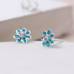 Clustdlysau Styd Arian | Sterling Silver Stud Earrings - Little Aqua Flower