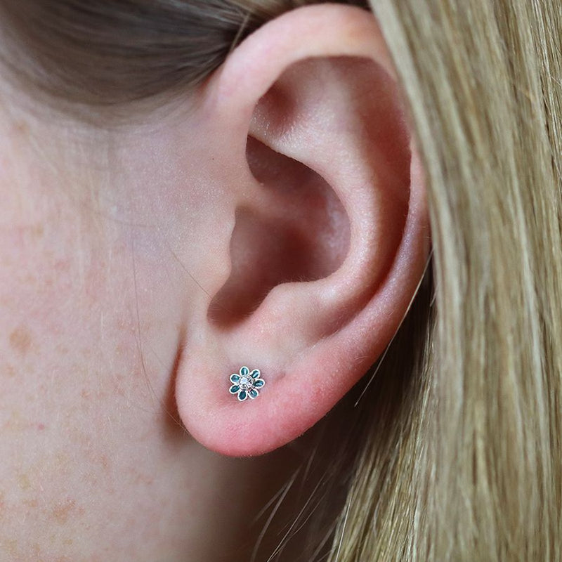 Clustdlysau Styd Arian | Sterling Silver Stud Earrings - Little Aqua Flower