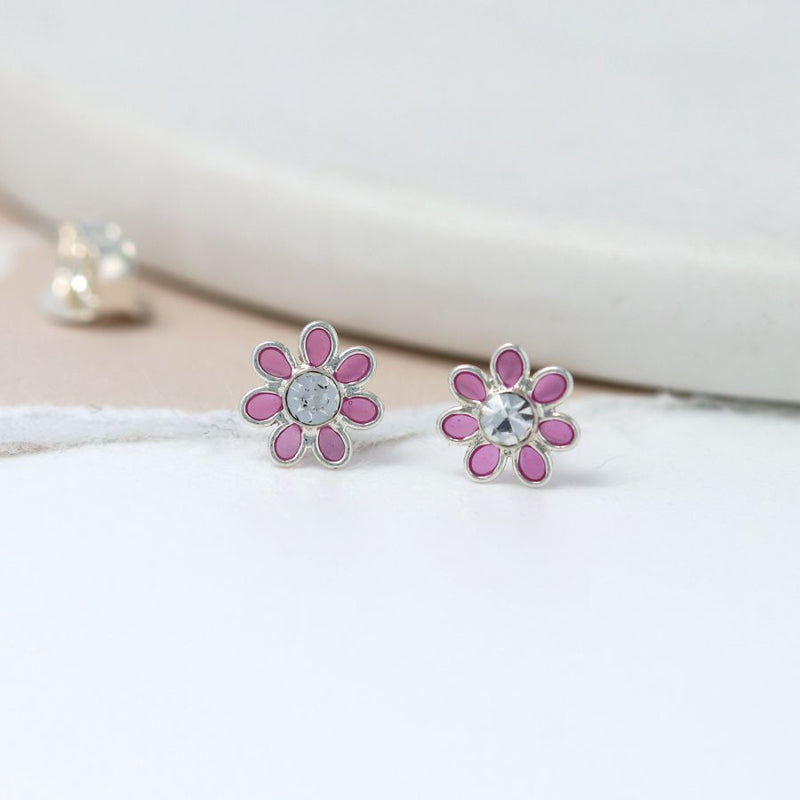 Clustdlysau Styd Arian | Sterling Silver Stud Earrings - Little Pink Flower