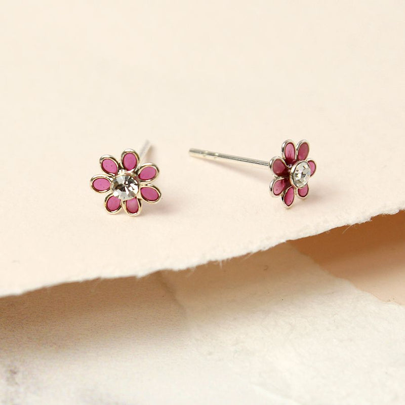 Clustdlysau Styd Arian | Sterling Silver Stud Earrings - Little Pink Flower